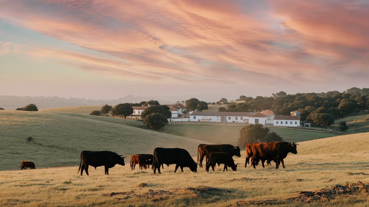 Dehesa ibérica con ganado al atardecer
