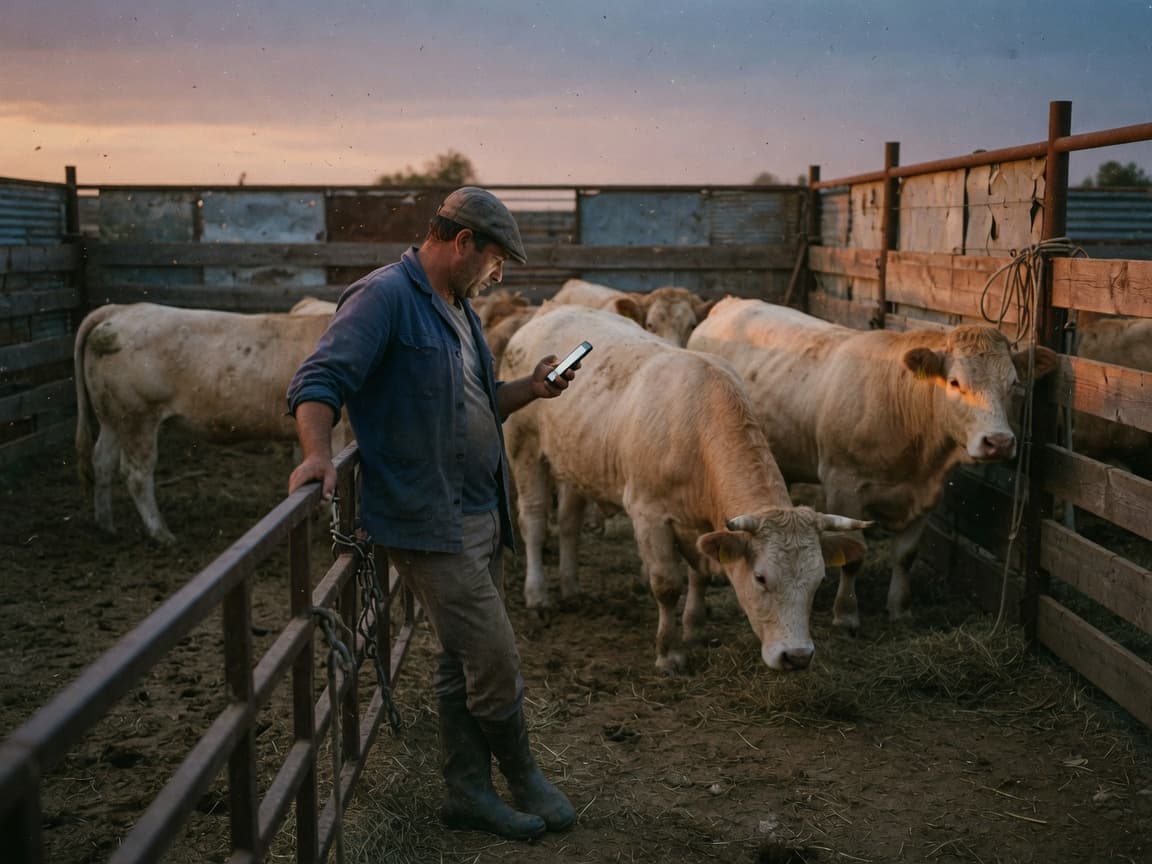 Trabajador de campo con móvil junto al ganado al atardecer