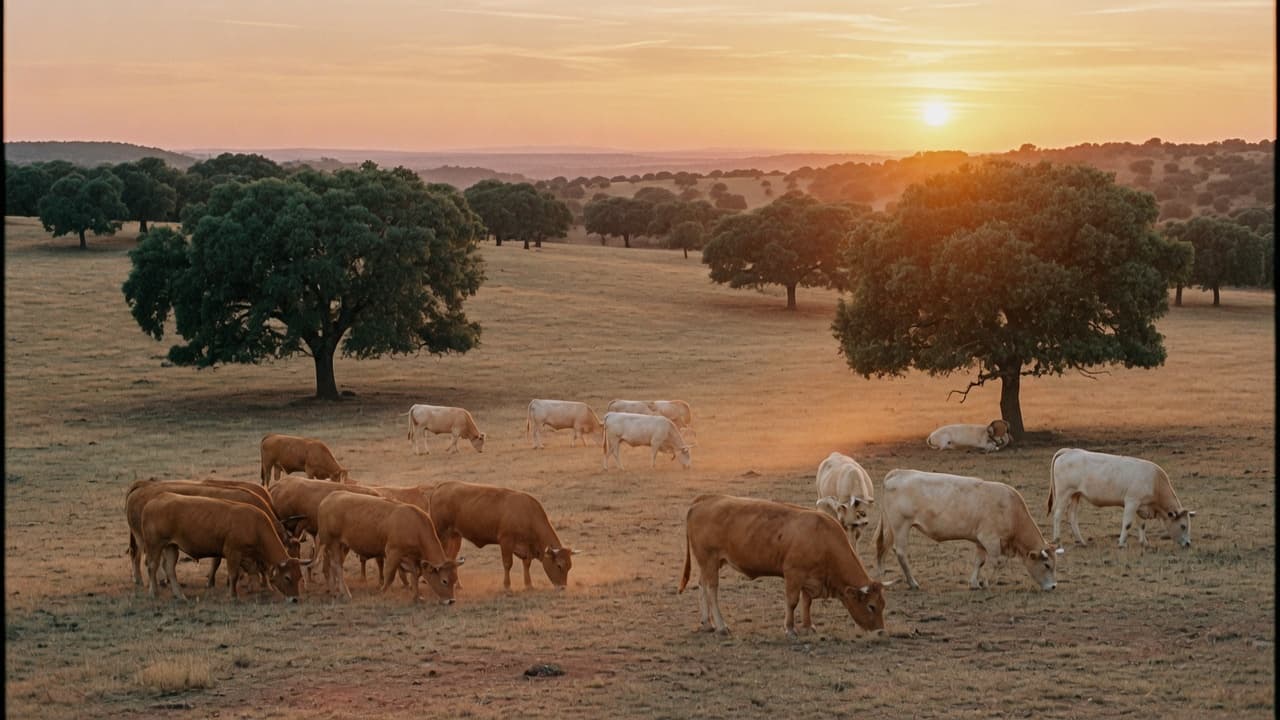 Ganado pastando al atardecer en una dehesa ibérica