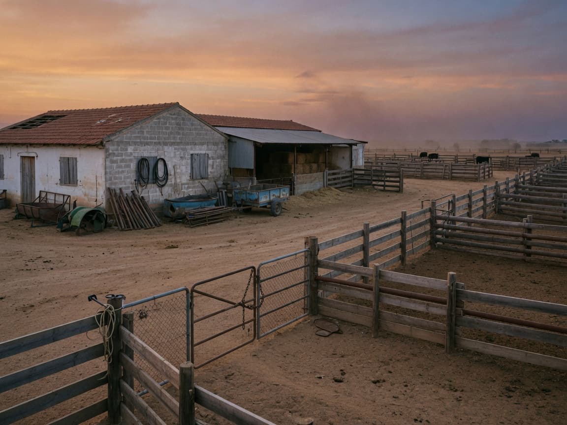 Corrales y edificio de granja al atardecer